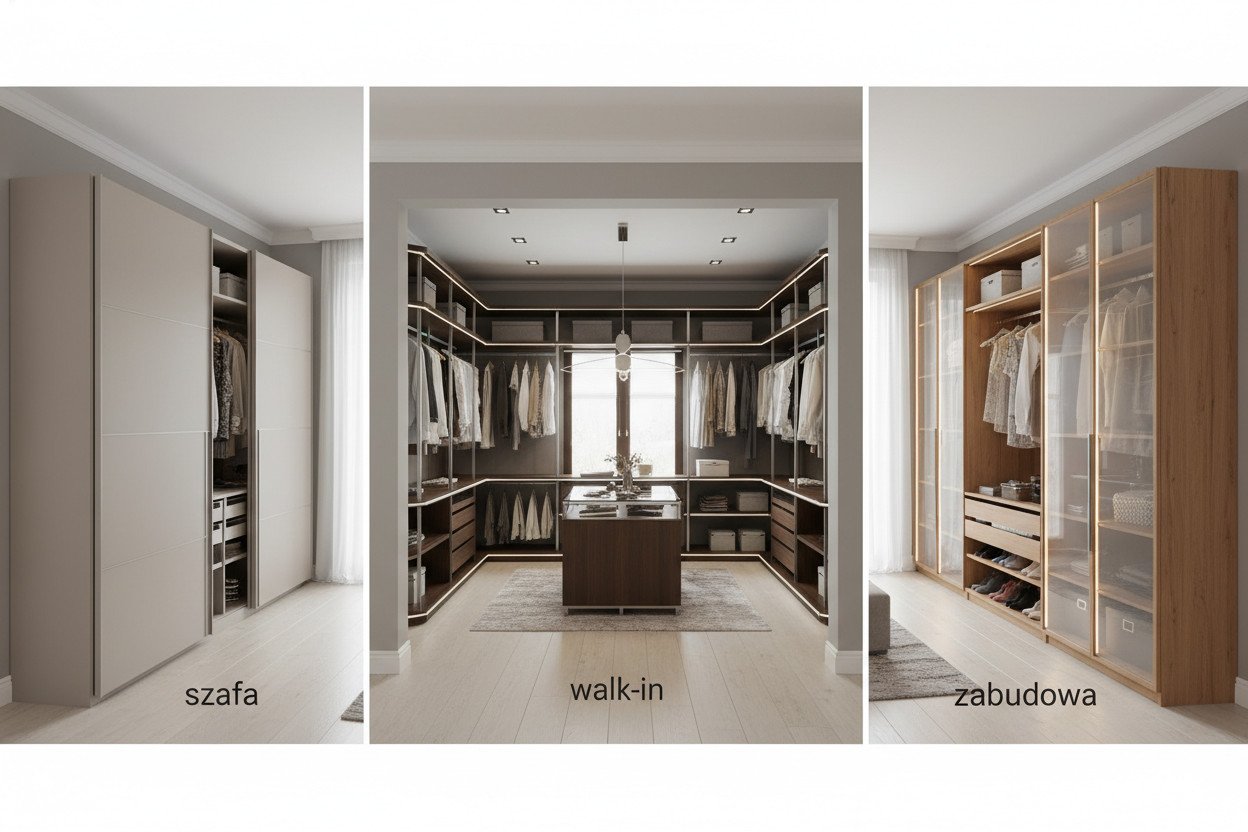 Trzy warianty garderoby — szafa wnękowa, walk-in i zabudowa